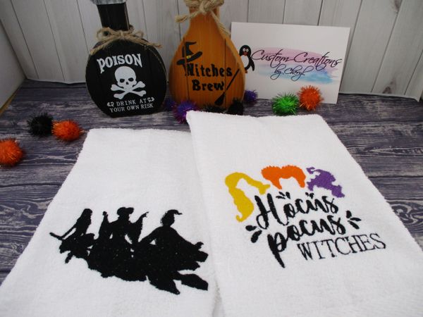 Witch Trio Silhouette & Hocus Pocus Witches Personalized Kitchen Towels Hand Towels 2 piece set
