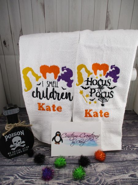 Hocus Pocus Witches & I smell Children Personalized Kitchen Towels Hand Towels 2 piece set