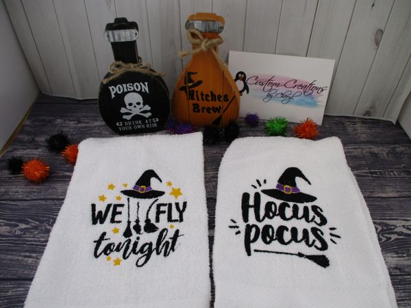 We Fly tonight & Hocus Pocus Broom Personalized Kitchen Towels Hand Towels 2 piece set