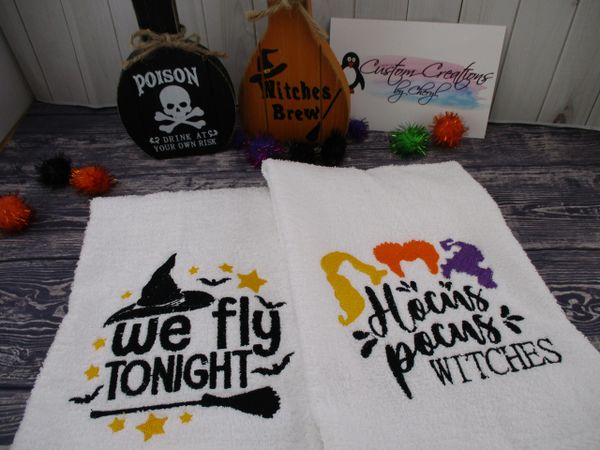We Fly tonight & Hocus Pocus Witches Personalized Kitchen Towels Hand Towels 2 piece set