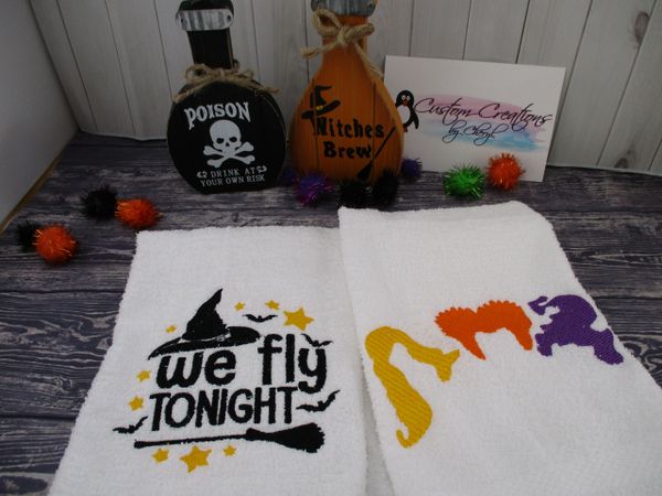 We Fly tonight & Hocus Pocus Witches Hair Trio Personalized Kitchen Towels Hand Towels 2 piece set