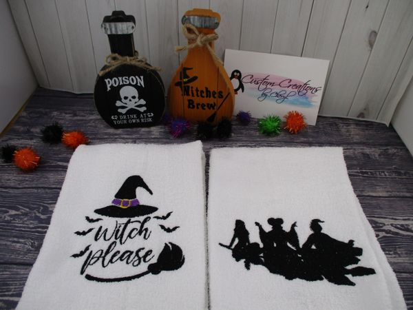 Hocus Pocus Witch Please & Flying Witches silhouette Personalized Kitchen Towels Hand Towels 2 piece set