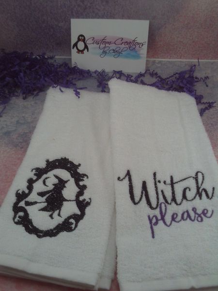 Witch Please & Witch flying silhouette frame Personalized Kitchen Towels Hand Towels 2 piece set