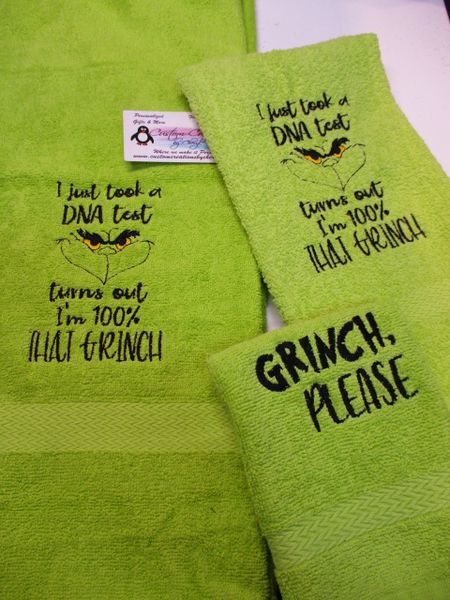 Mean Green Grinch DNA Test Personalized 3 Piece Bath Towel Set