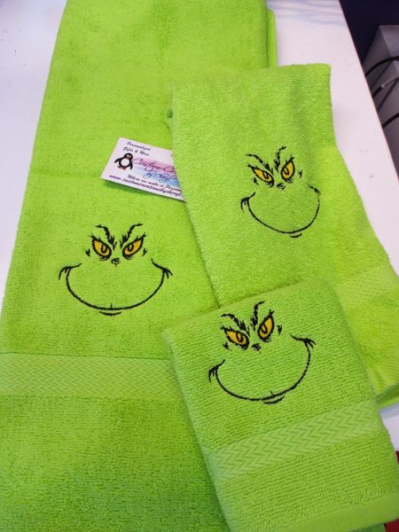 Mean Green Grinch Face Personalized 3 Piece Bath Towel Set