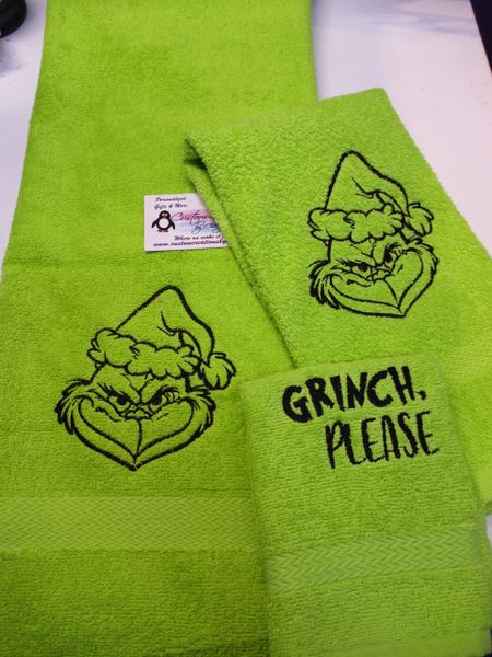 Mean Green Grinch Santa Face Personalized 3 Piece Bath Towel Set