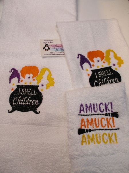 Hocus Pocus Witch Sisters I smell children pot Personalized 3 Piece Bath Towel Set
