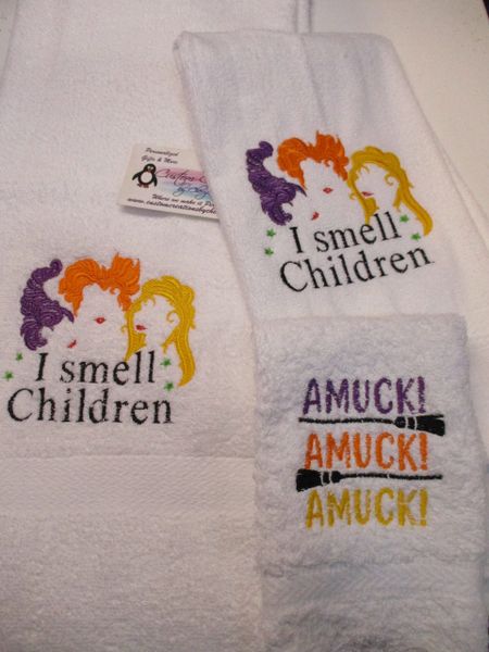 Hocus Pocus Witch Sisters I smell children Personalized 3 Piece Bath Towel Set