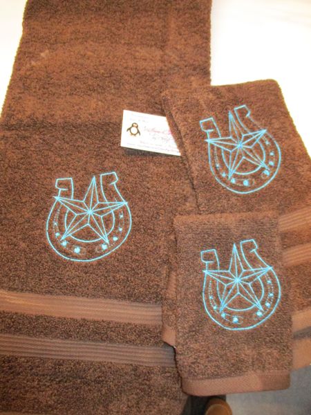 Horseshoe Star Sketch Personalized Western 3 piece Towel Set