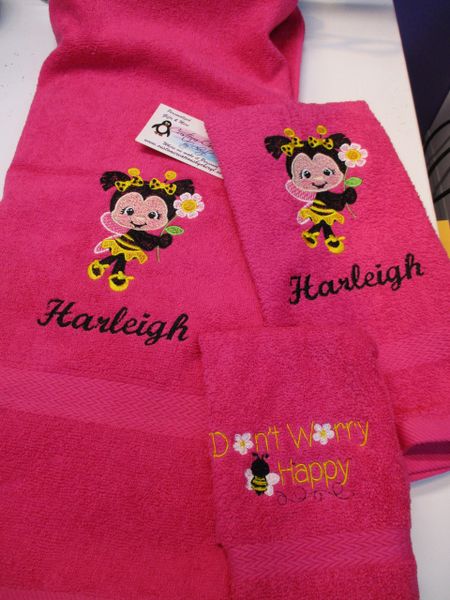 Bumble Bee girl holding flower 3 piece Personalized bath Towel Set