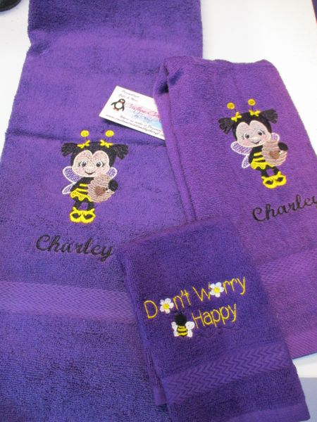 Bumble Bee girl holding a bee hive 3 piece Personalized bath Towel Set
