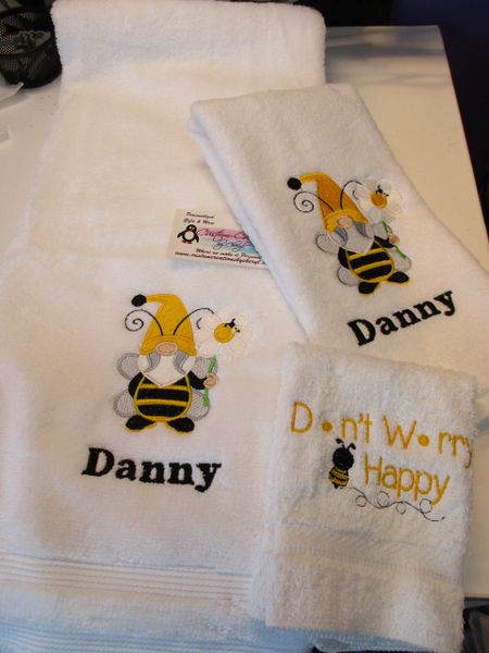 Bumble Bee gnome holding flower 3 piece Personalized bath Towel Set