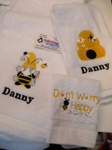 Bumble Bee gnome mix 3 piece Personalized bath Towel Set