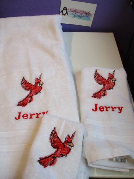 Watercolor Cardinal Red Bird Sketch Personalized 3 piece Towel Set