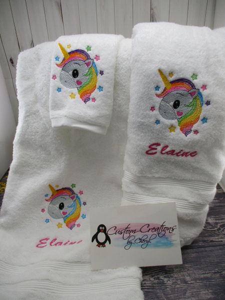 Rainbow Unicorn Face Stars Personalized Towel Set
