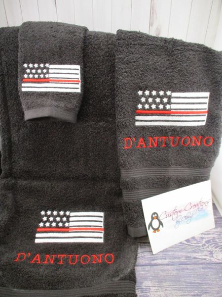 Fire Thin Red Line Flag Fireman Personalized 3 Piece Towel Set