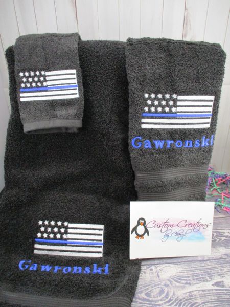 Police Blue Line Flag Police Policeman Personalized 3 Piece Towel Set