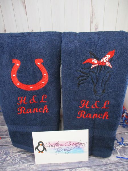 Personalized Horseshoe & Horse mix Farm Country Western Kitchen Towels Hand Towels 2 piece set
