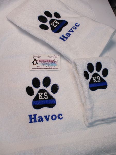 K9 Police Dog Blue Line Paw K9 Police Dog Policeman Personalized 3 Piece Towel Set