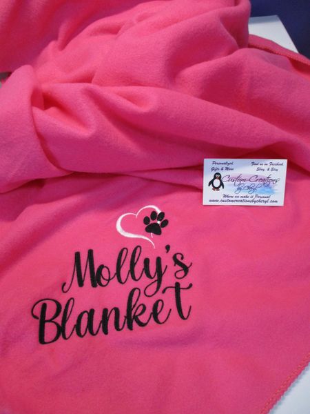 Personalized Dog Blanket Sm Heart Paw 50 x 60 Polar Fleece Custom Name Dog Blanket