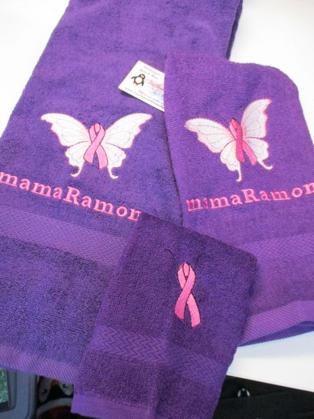 Breast Cancer Pink Butterfly Ribbon Personalized 3 PieceTowel Set Breast Cancer Awareness Ribbon