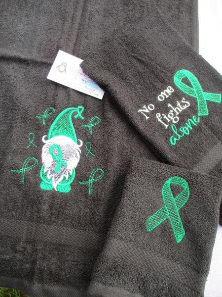 Personalized Green Gnome Liver Cancer Awareness Ribbon Personalized 3 PieceTowel Set Liver Cancer Awareness Ribbon