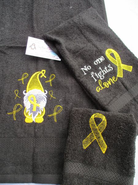 Personalized Yellow Gnome Childhood Cancer Awareness Ribbon Personalized 3 PieceTowel Set Childhood cancer Awareness Ribbon