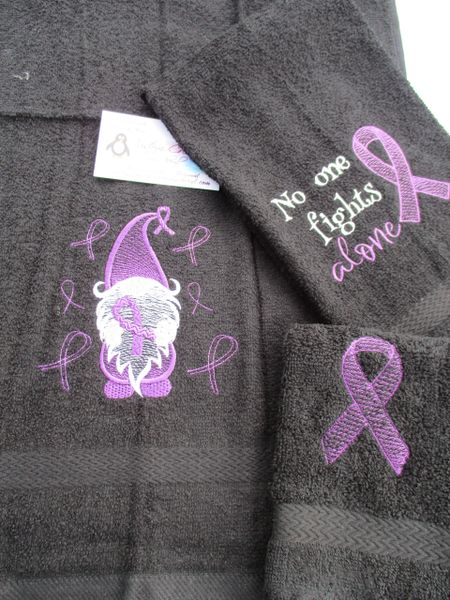 Personalized Purple Gnome Pancreatic Cancer Awareness Ribbon Personalized 3 PieceTowel Set Pancreatic Cancer Awareness Ribbon