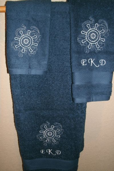 Ships Wheel Sketch Nautical Personalized 3 Piece Towel Set Nautical Bathroom