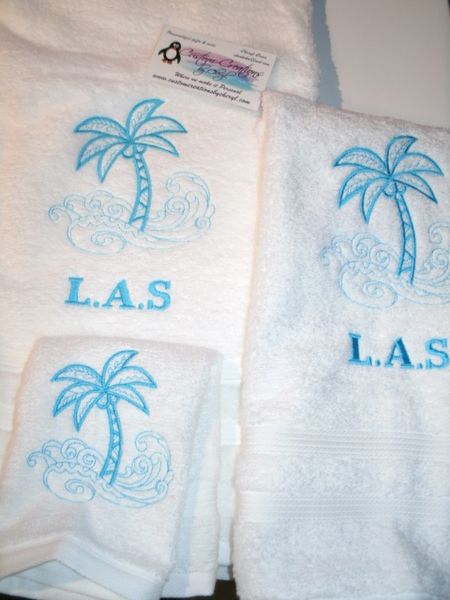 Palm Tree Sketch Ocean Personalized 3 Piece Towel Set Ocean Bathroom