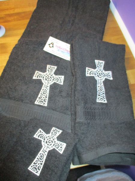 Cross Scroll Sketch Personalized 3 Piece Towel Set Pastors Bathroom