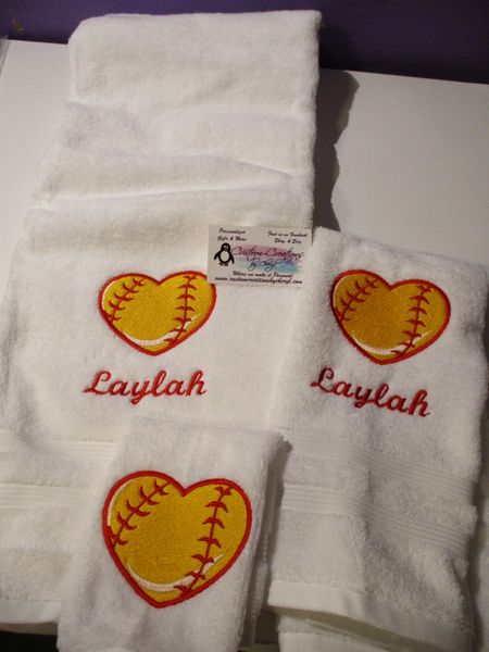 Softball Heart Personalized 3 Piece Softball Sports Towel Set