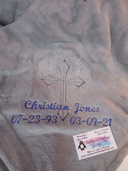 Personalized Sketch Cross with Wings Memorial Mink Throw Blanket