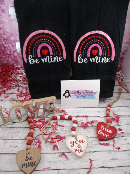 Be Mine Boho Rainbow Valentine's Day Personalized Kitchen Towels Hand Towels 2 piece set