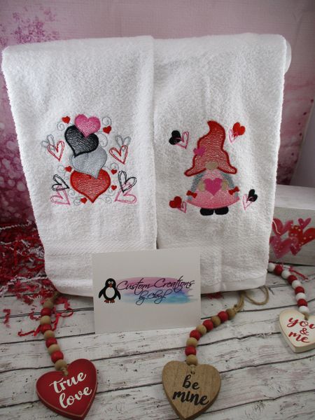 Gnome Girl Stacked Hearts Valentine's Day Personalized Kitchen Towels Hand Towels 2 piece set