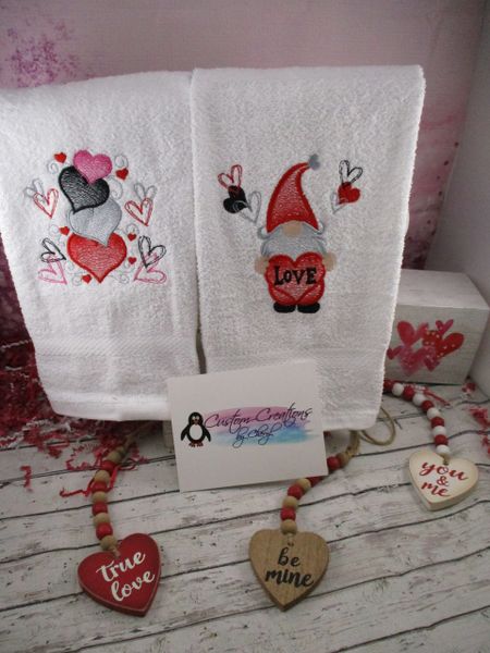 Love Gnome Guy Stacked Hearts Valentine's Day Personalized Kitchen Towels Hand Towels 2 piece set