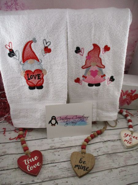 Gnome Love Boy & Girl Valentine's Day Personalized Kitchen Towels Hand Towels 2 piece set