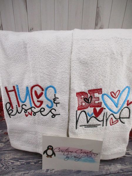 Hugs & Kisses Be Mine Valentine's Day Personalized Kitchen Towels Hand Towels 2 piece set