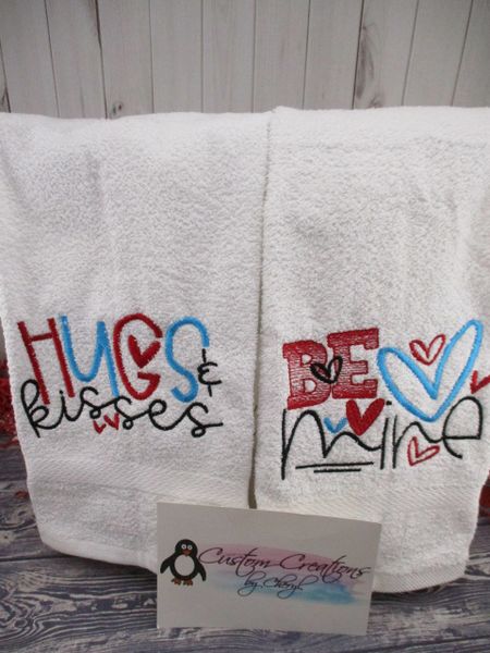 Hugs & Kisses Be Mine Valentine's Day Personalized Kitchen Towels Hand Towels 2 piece set