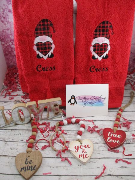 Plaid Heart Gnome Valentine's Day Personalized Kitchen Towels Hand Towels 2 piece set