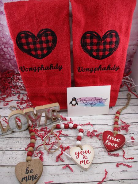 Plaid Heart Valentine's Day Personalized Kitchen Towels Hand Towels 2 piece set