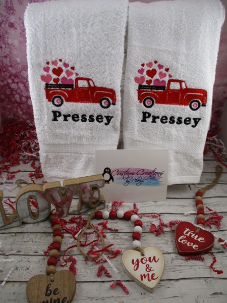 Valentine Truck with Hearts Valentine's Day Personalized Kitchen Towels Hand Towels 2 piece set