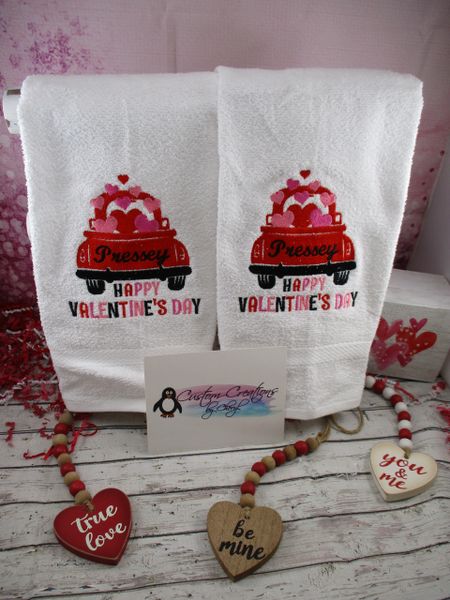Valentine Truck Tailgate with Hearts Valentine's Day Personalized Kitchen Towels Hand Towels 2 piece set