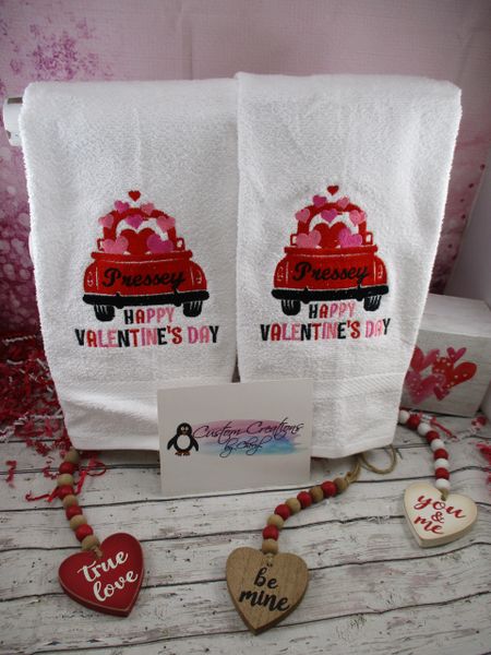 Valentine Truck Tailgate with Hearts Valentine's Day Personalized Kitchen Towels Hand Towels 2 piece set