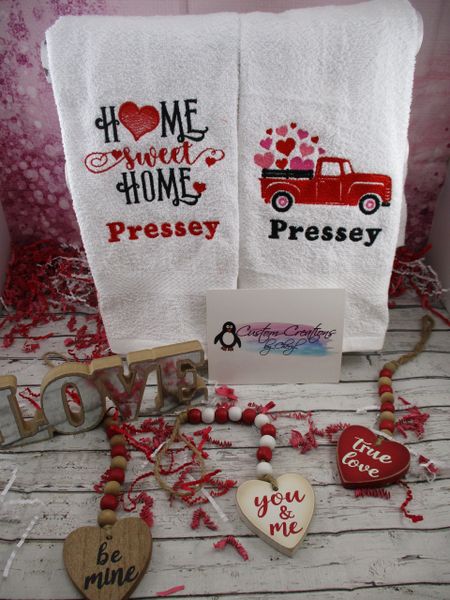 Home Sweet Home Valentines Truck Valentine's Day Personalized Kitchen Towels Hand Towels 2 piece set