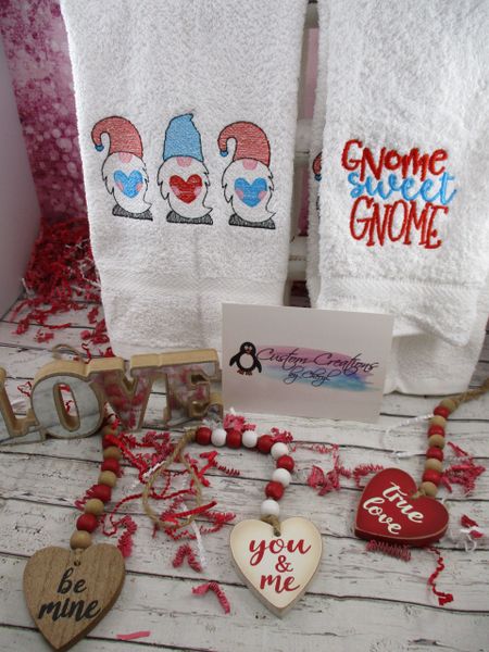 Gnome Trio Gnome Sweet Gnome Valentine's Day Personalized Kitchen Towels Hand Towels 2 piece set