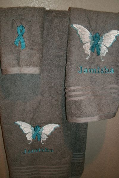 Turquoise or Teal Butterfly Ribbon Personalized 3 PieceTowel Set