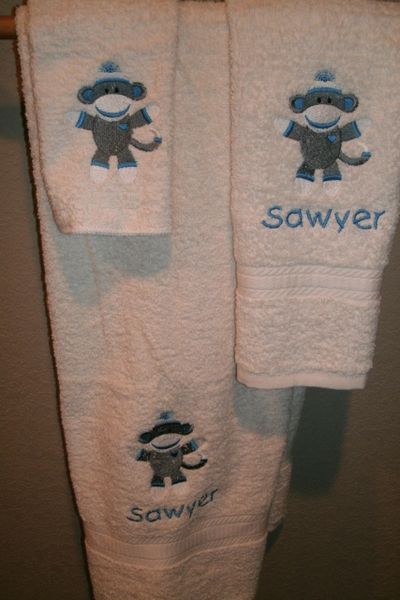 Sock Monkey Boy Personalized 3 piece Towel Set