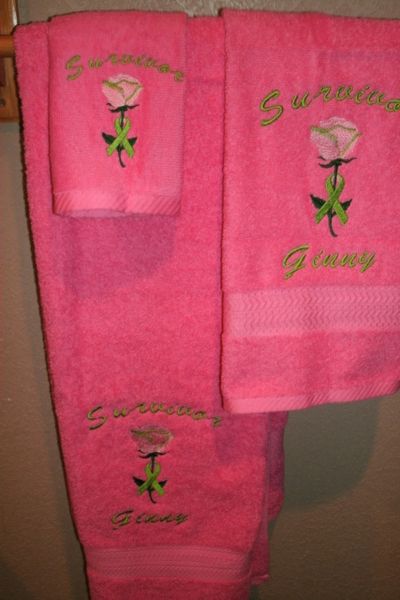 Cancer Survivor Ribbon Rose Personalized 3 Piece Towel Set
