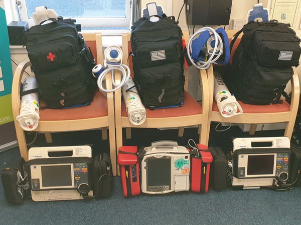 First Response Emergency Care 3 kit bags with ECG machines and oxygen